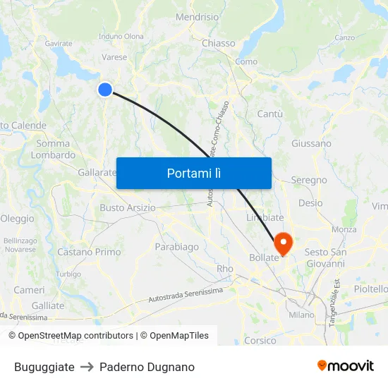 Buguggiate to Paderno Dugnano map