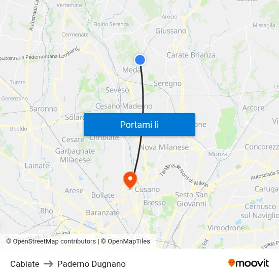 Cabiate to Paderno Dugnano map