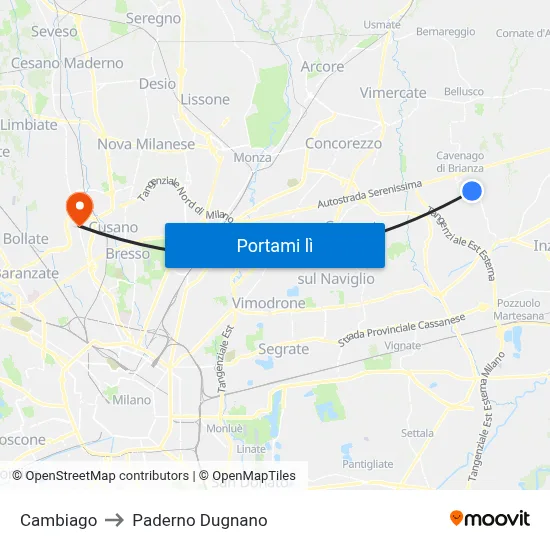 Cambiago to Paderno Dugnano map