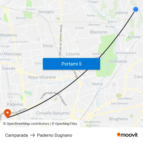 Camparada to Paderno Dugnano map