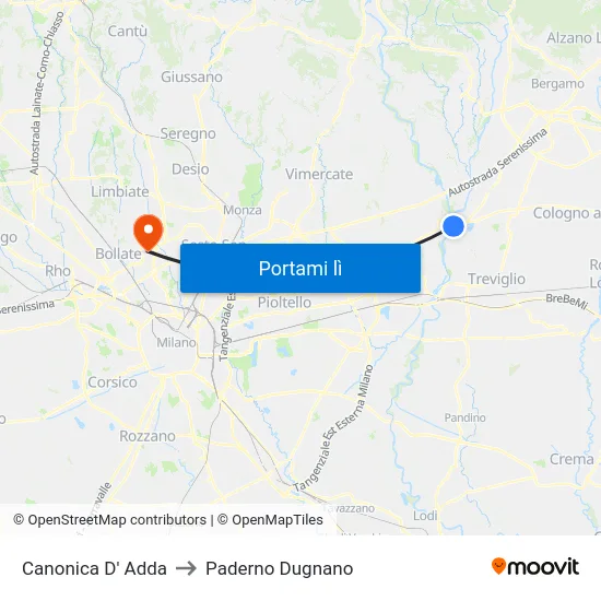 Canonica D' Adda to Paderno Dugnano map