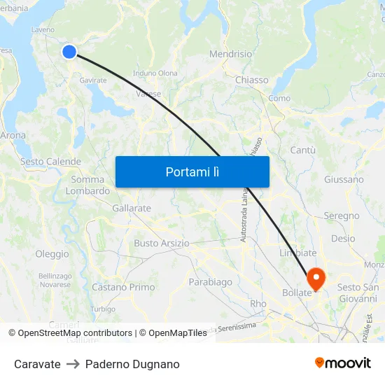 Caravate to Paderno Dugnano map
