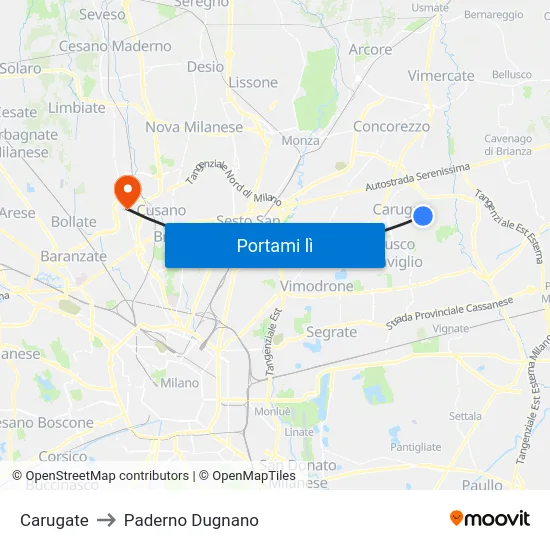 Carugate to Paderno Dugnano map