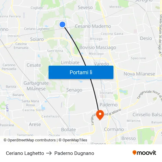 Ceriano Laghetto to Paderno Dugnano map