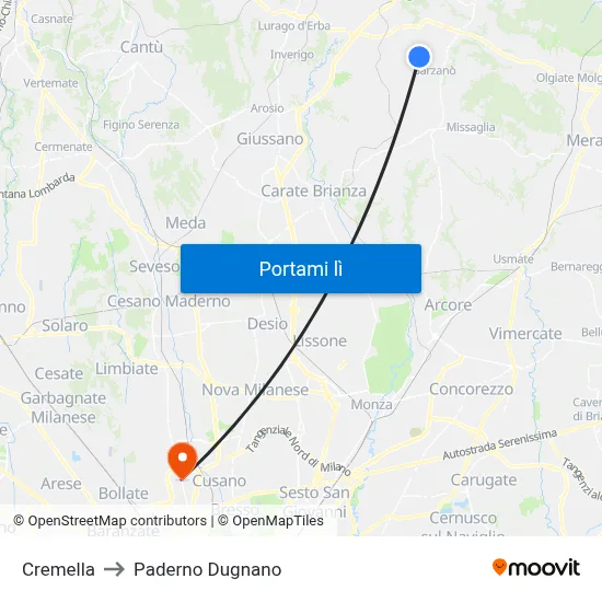 Cremella to Paderno Dugnano map