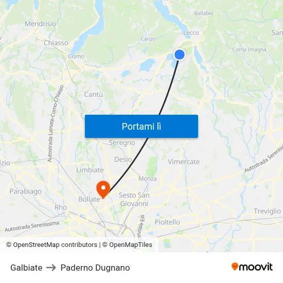 Galbiate to Paderno Dugnano map