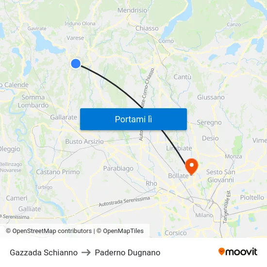 Gazzada Schianno to Paderno Dugnano map