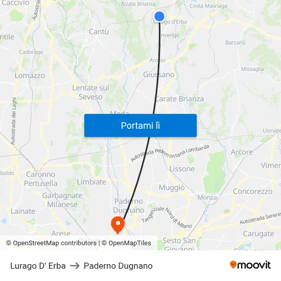 Lurago D' Erba to Paderno Dugnano map