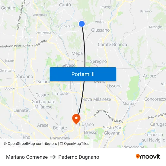 Mariano Comense to Paderno Dugnano map