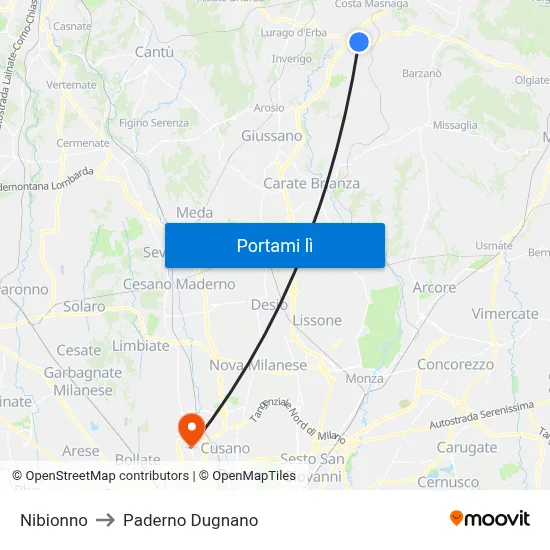 Nibionno to Paderno Dugnano map
