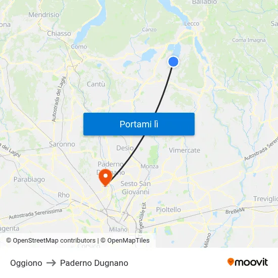 Oggiono to Paderno Dugnano map