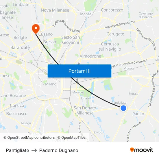 Pantigliate to Paderno Dugnano map