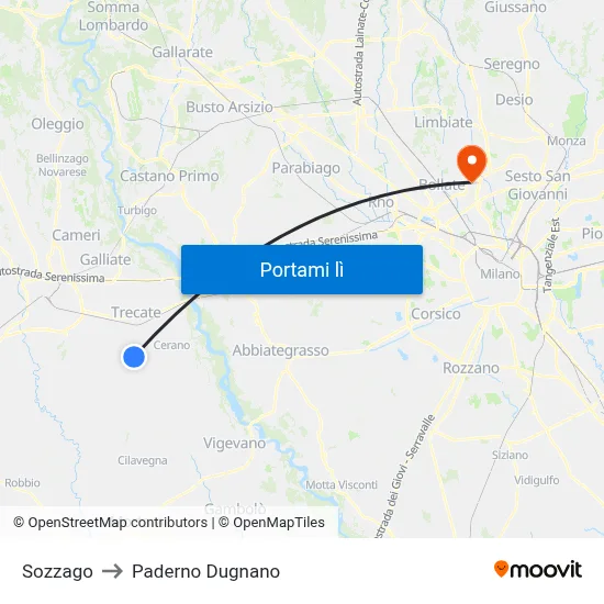 Sozzago to Paderno Dugnano map