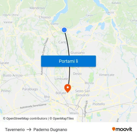 Tavernerio to Paderno Dugnano map