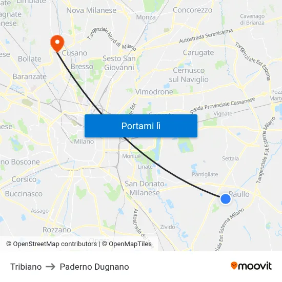 Tribiano to Paderno Dugnano map