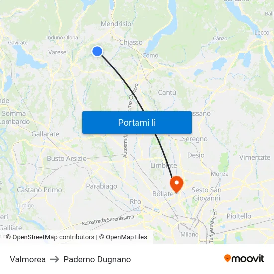 Valmorea to Paderno Dugnano map