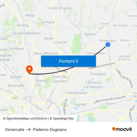 Vimercate to Paderno Dugnano map