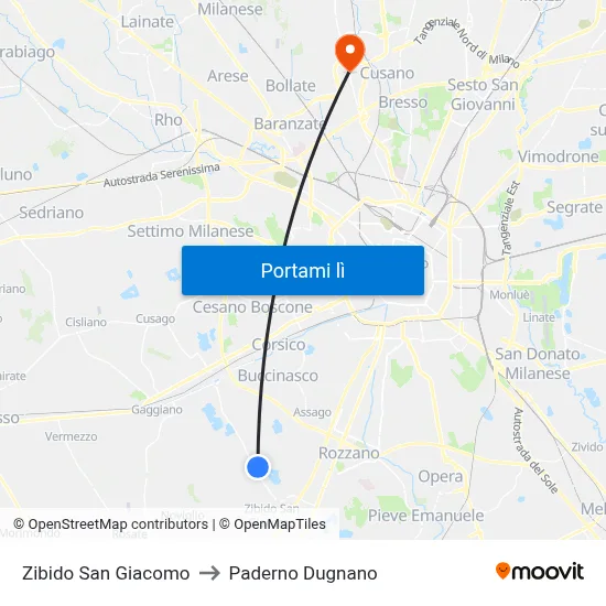 Zibido San Giacomo to Paderno Dugnano map