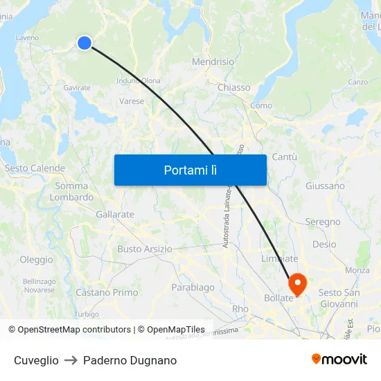 Cuveglio to Paderno Dugnano map