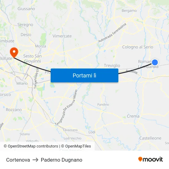 Cortenova to Paderno Dugnano map