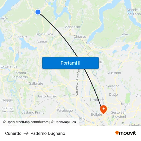 Cunardo to Paderno Dugnano map