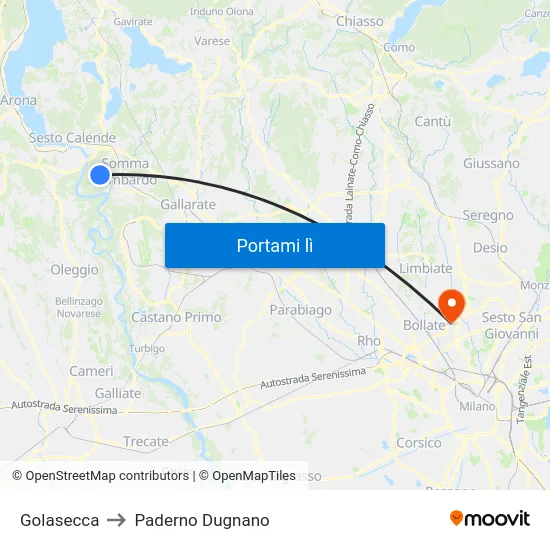 Golasecca to Paderno Dugnano map