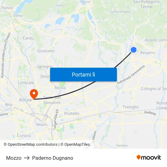 Mozzo to Paderno Dugnano map