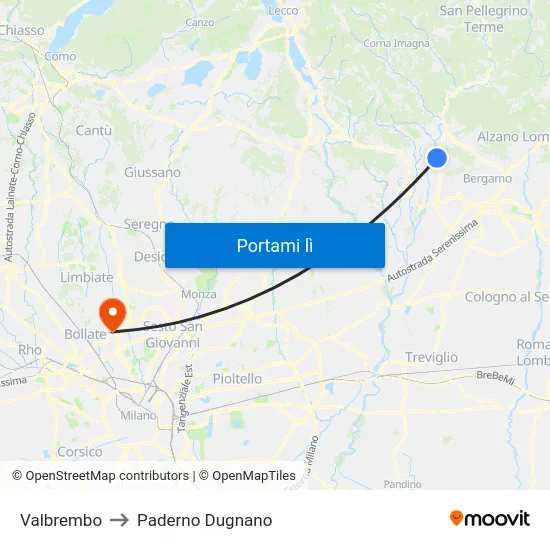 Valbrembo to Paderno Dugnano map