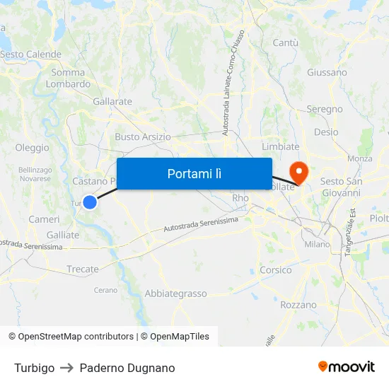 Turbigo to Paderno Dugnano map