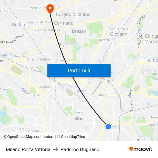 Milano Porta Vittoria to Paderno Dugnano map