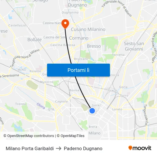 Milano Porta Garibaldi to Paderno Dugnano map