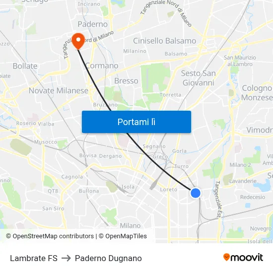 Lambrate FS to Paderno Dugnano map