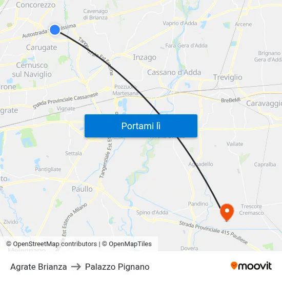 Agrate Brianza to Palazzo Pignano map