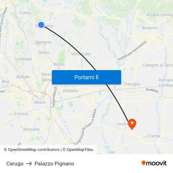 Carugo to Palazzo Pignano map