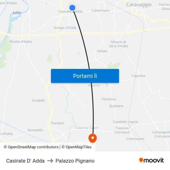Casirate D' Adda to Palazzo Pignano map