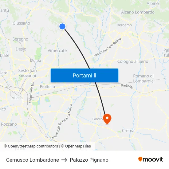 Cernusco Lombardone to Palazzo Pignano map