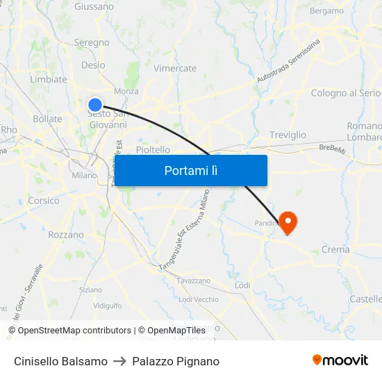 Cinisello Balsamo to Palazzo Pignano map