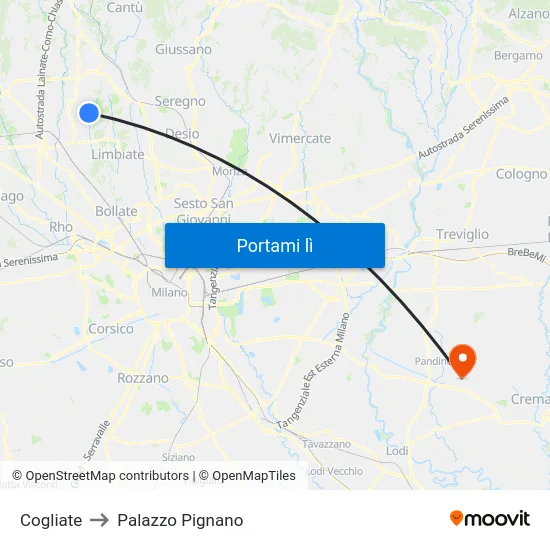 Cogliate to Palazzo Pignano map