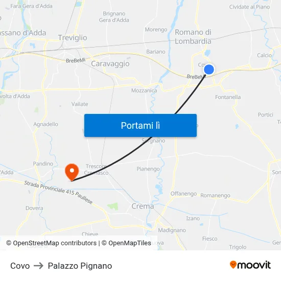 Covo to Palazzo Pignano map