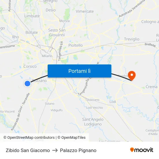 Zibido San Giacomo to Palazzo Pignano map