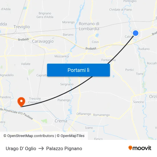 Urago D' Oglio to Palazzo Pignano map