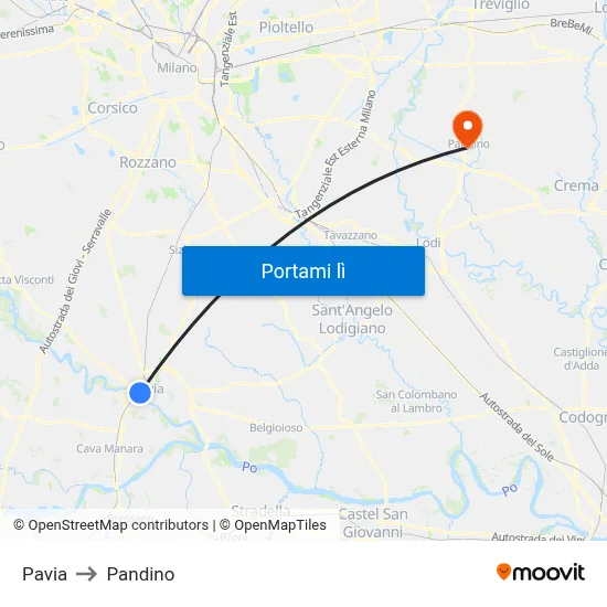 Pavia to Pandino map