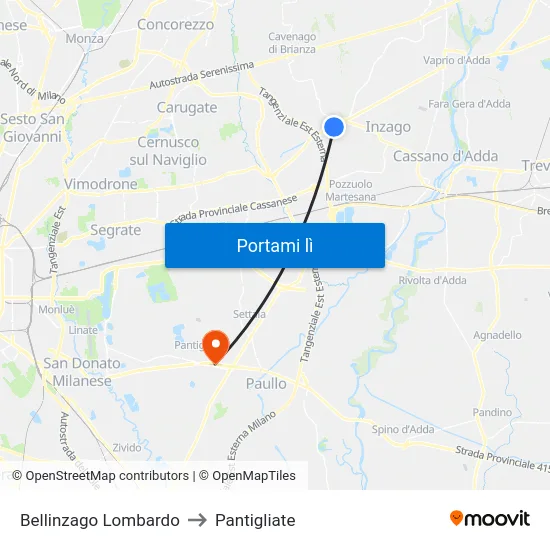 Bellinzago Lombardo to Pantigliate map