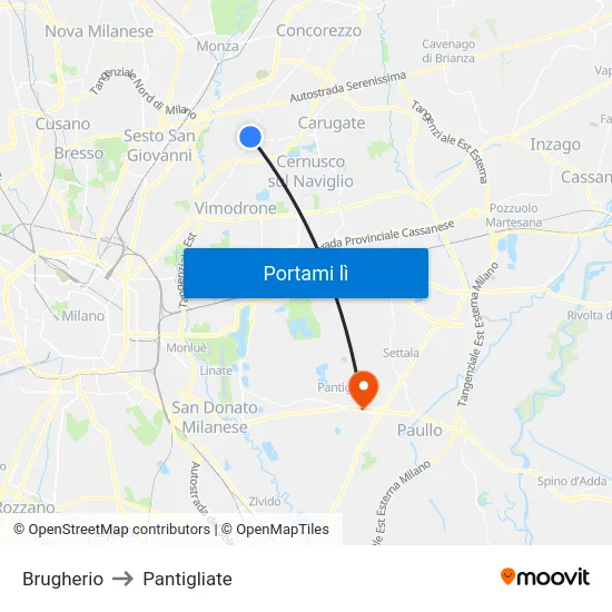 Brugherio to Pantigliate map