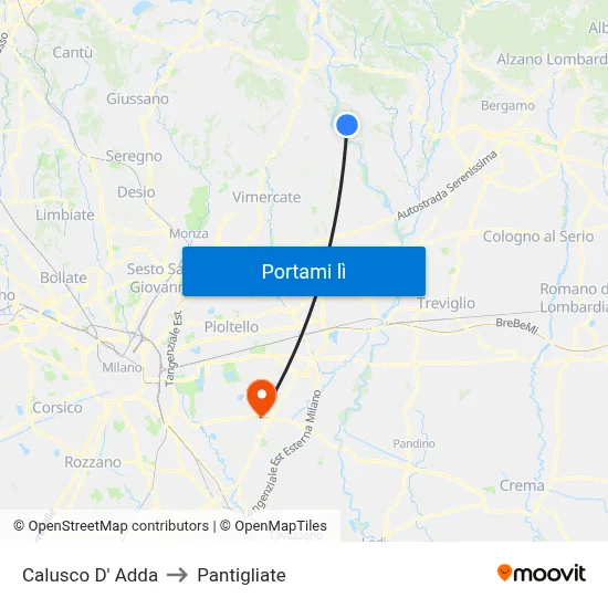 Calusco D' Adda to Pantigliate map