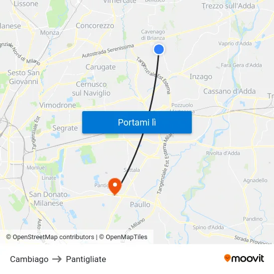 Cambiago to Pantigliate map