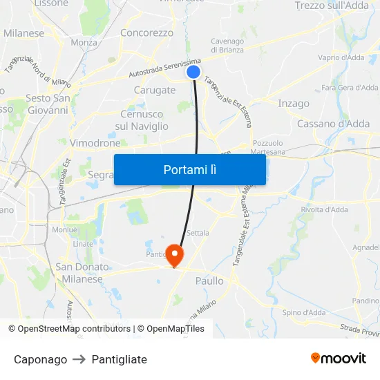 Caponago to Pantigliate map