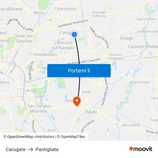 Carugate to Pantigliate map