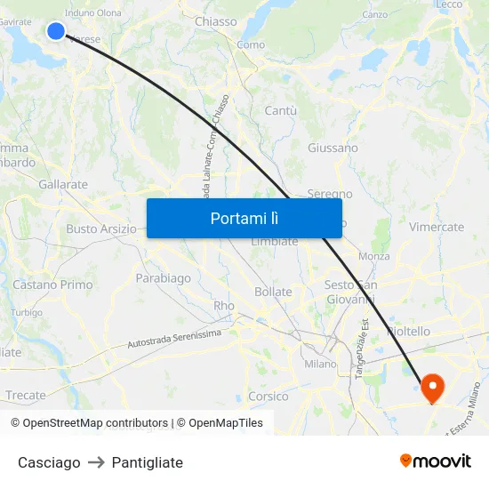 Casciago to Pantigliate map