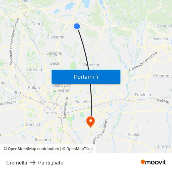 Cremella to Pantigliate map
